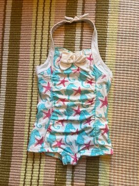 Janie and Jack Halter One-Piece Swim with Turquoise Seahorses & Pink Starfish